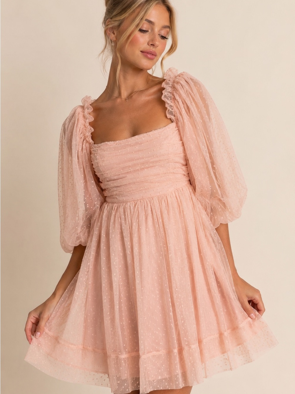 Mable Blush Pink Swiss Dot Puff Sleeve Open Back Tie Mini Dress
